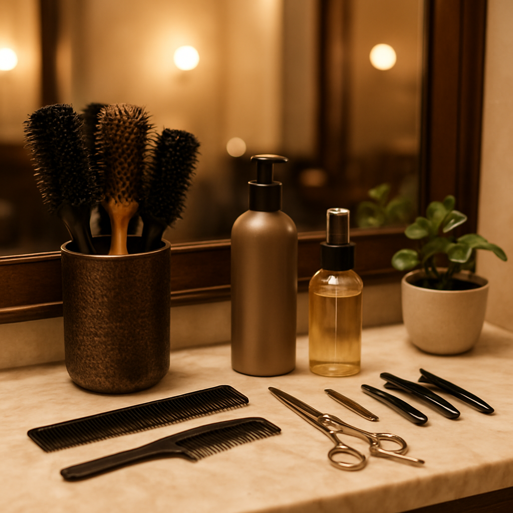 Victoria Hair Salon styling station with professional tools neatly arranged