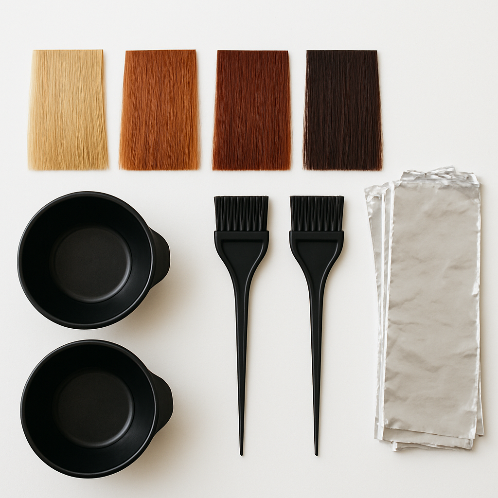 Hair colouring supplies — foil sheets, colour bowls and tinting brushes flat lay