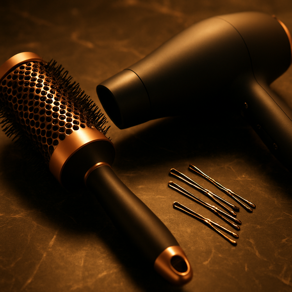 Professional hair styling tools — round brush, dryer and pins on marble surface